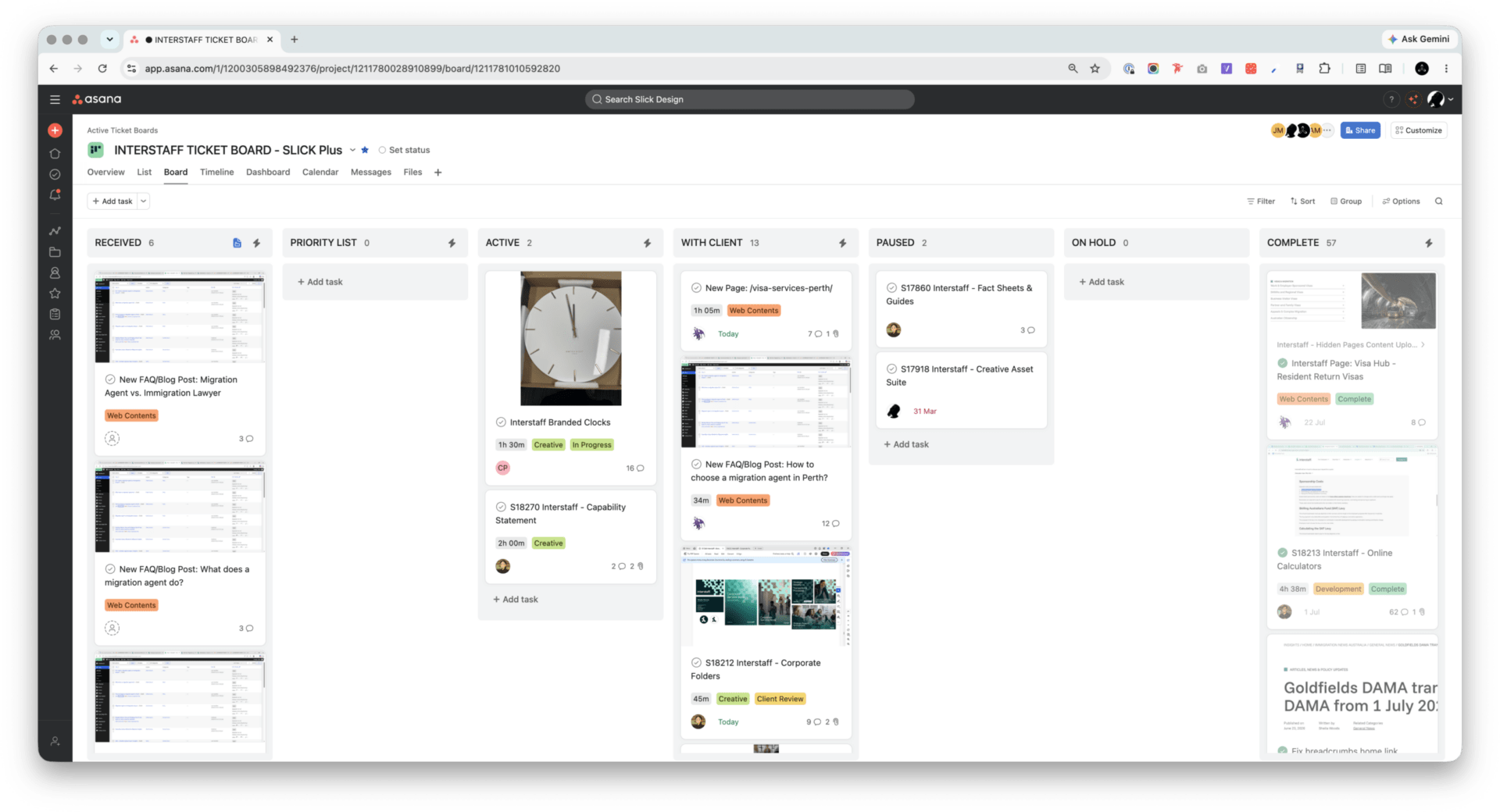 Screenshot of Interstaff's ticketboard in Asana. Tasks are divided into the categories: Received, Active, With Client, On Hold, and Complete.
