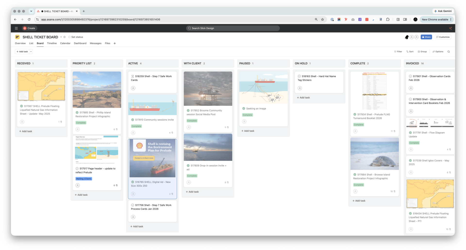 Screenshot of Shell's ticketboard in Asana. Tasks are divided into the categories: Received, Active, With Client, On Hold, and Complete.