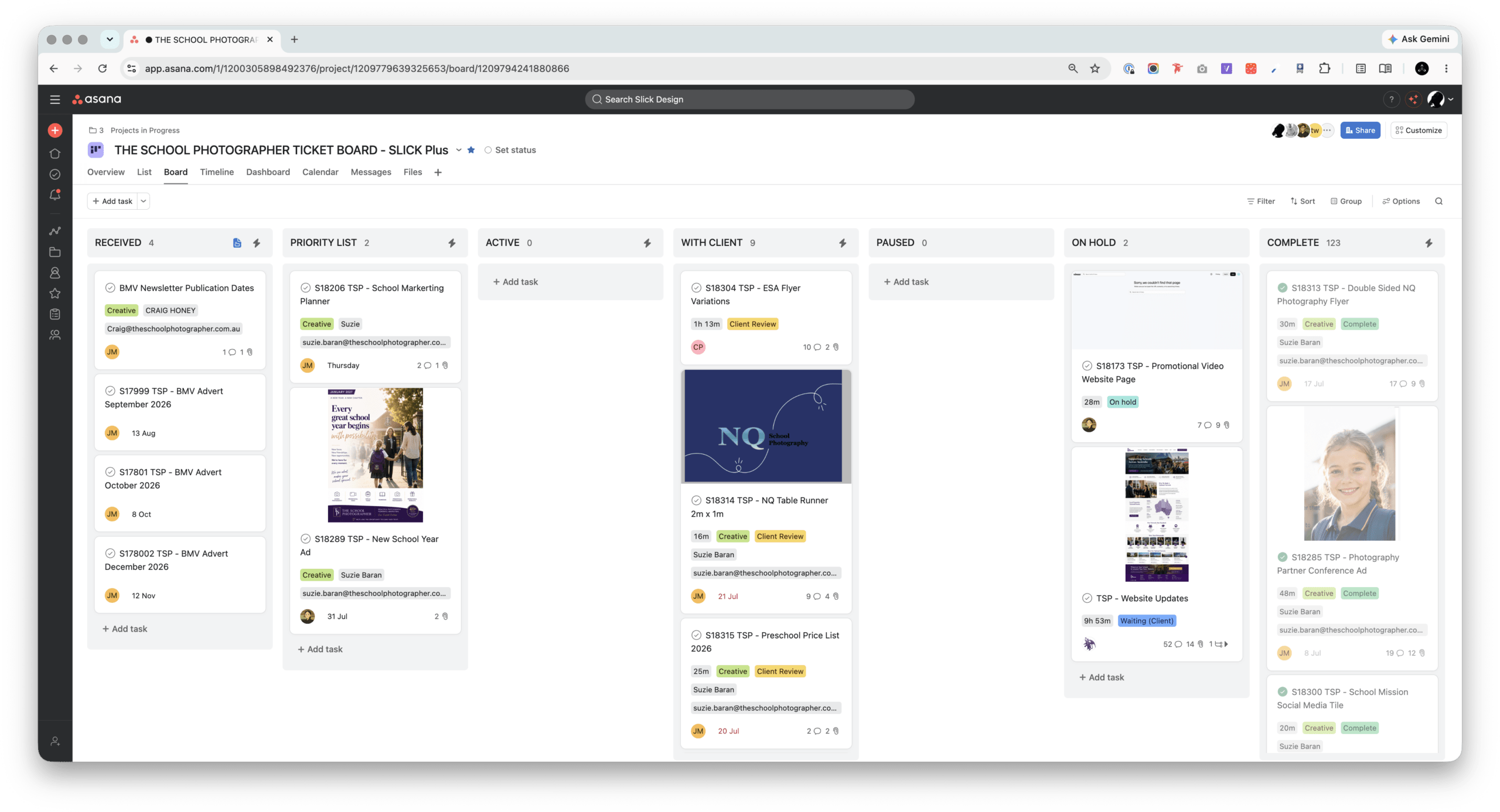 Screenshot of The School Photographer's ticketboard in Asana. Tasks are divided into the categories: Received, Active, With Client, On Hold, and Complete.