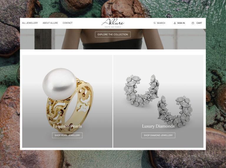 Desktop screen with home page design for the Allure South Sea Pearls website.