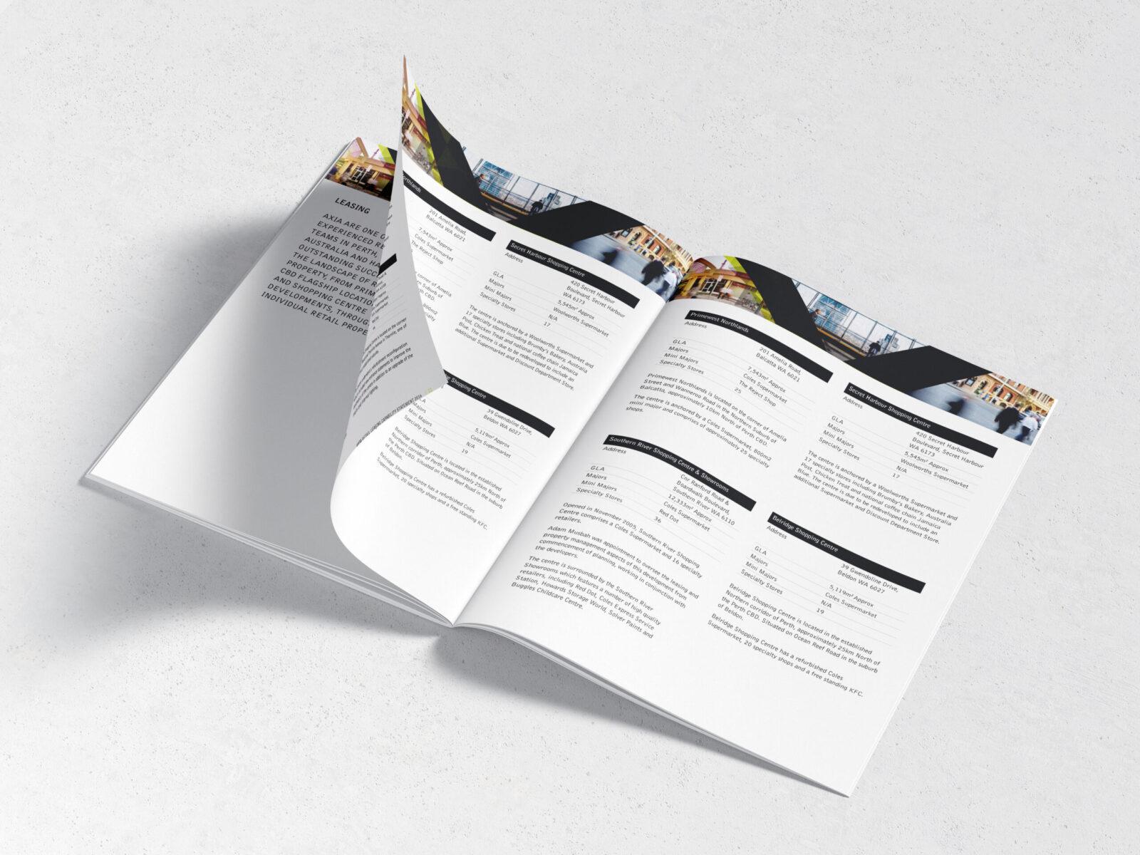An open brochure booklet, showing leasing details for Axia Corporate Property.