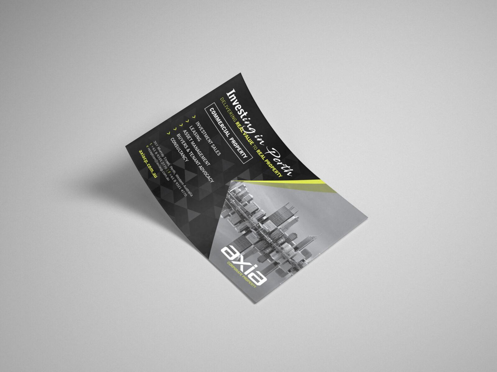 A business card design for Axia Corporate Property, featuring branded contact details and a monochromatic image of the Perth city skyline.
