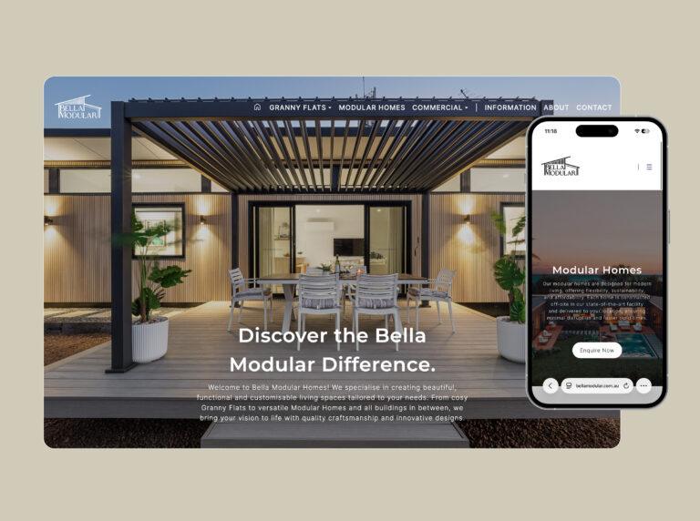 Desktop and mobile phone, both showing web pages from the Bella Modular website.