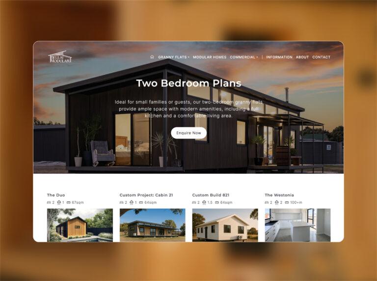 Mockup of the Bella Modular website design. Web page shows images of the various types of bedroom plans.