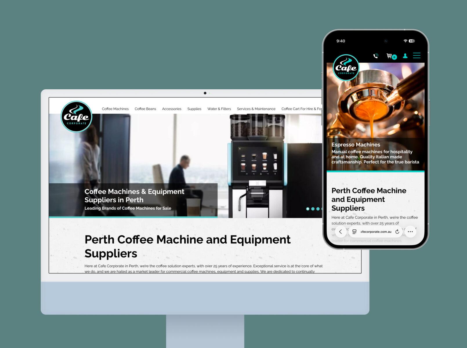 A desktop and mobile screen side by side, showing the home page and suppliers page designs from the Cafe Corporate website.