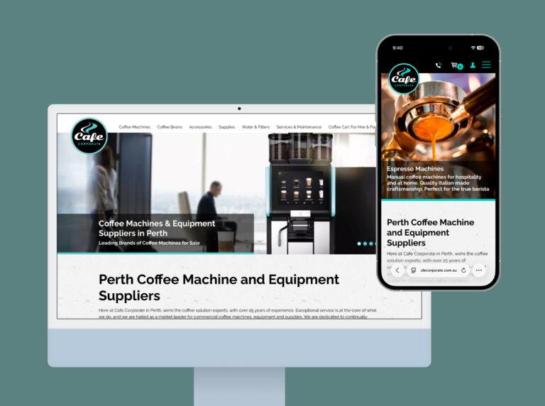 A desktop and mobile screen side by side, showing the home page and suppliers page designs from the Cafe Corporate website.