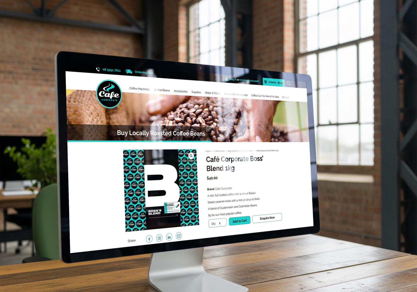 A desktop monitor screen displaying the product page design for Cafe Corporate website.