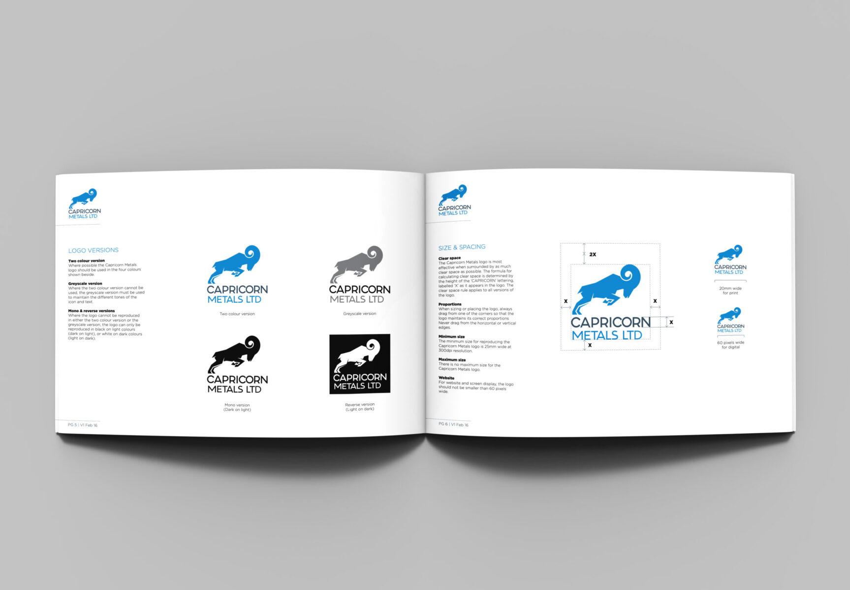An open document showing the brand guidelines and logo applications for Capricorn Metals.