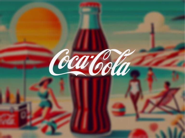 The Coca-Cola logo in front of a blurred retro illustration.