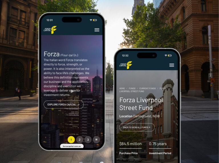 Two mobile screenshots of the Forza Capital website.