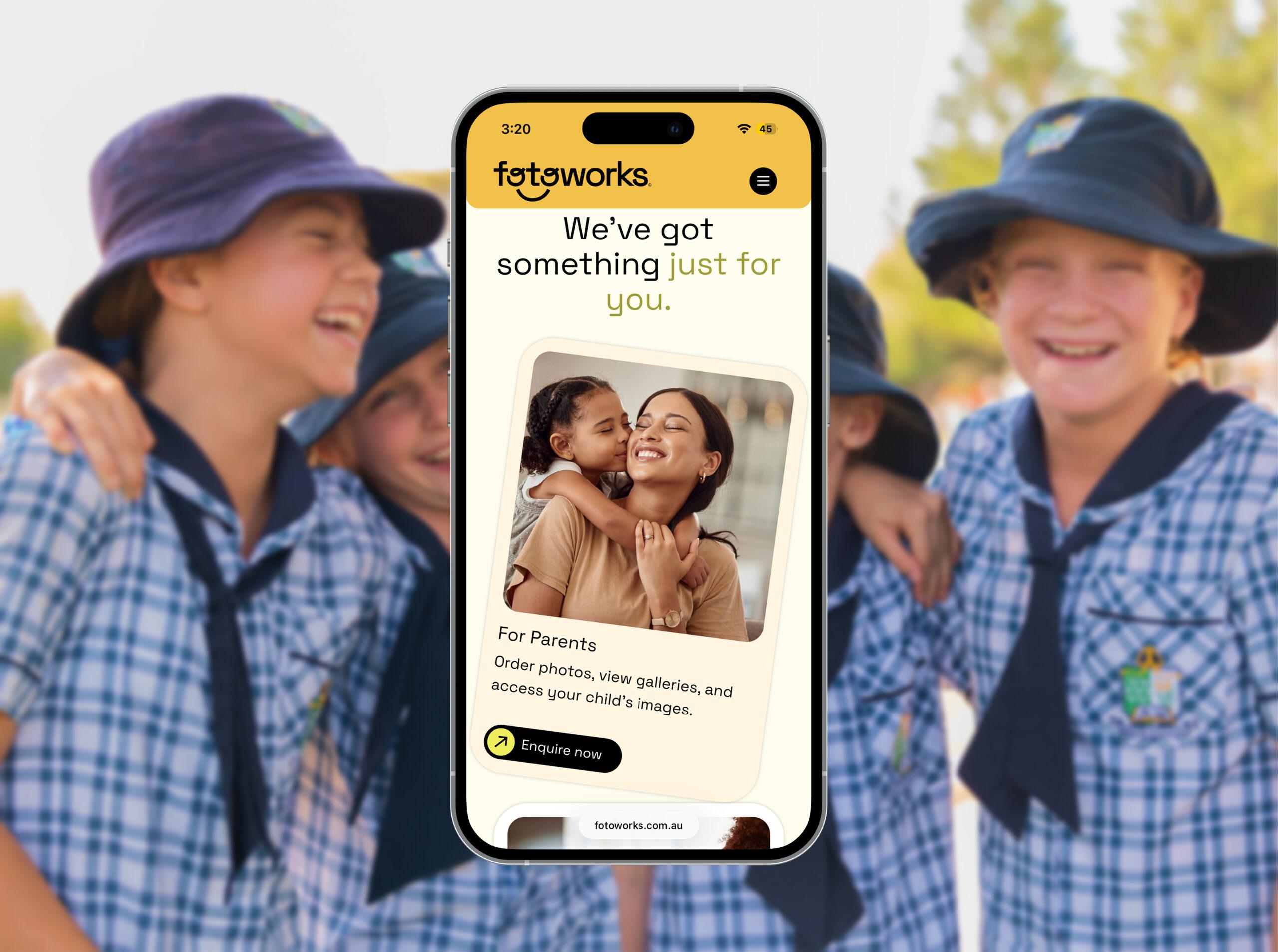 Mobile web design for Fotoworks website, with student photography blurred in the background.