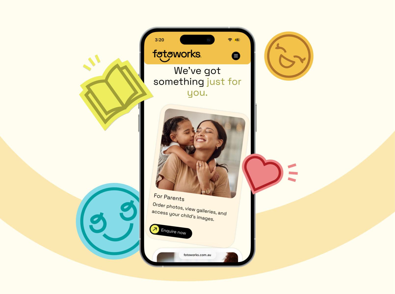 iPhone screenshot of the Fotoworks website, including branded stickers.