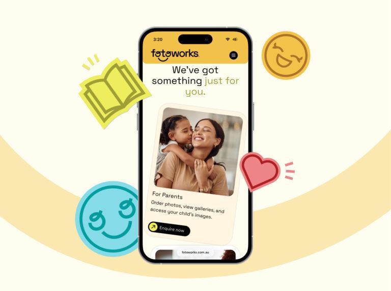 iPhone screenshot of the Fotoworks website, including branded stickers.