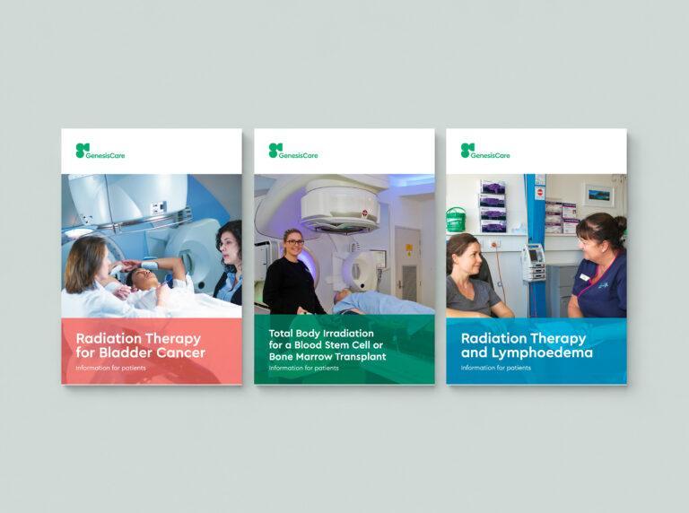 Three booklets, showcasing different cover designs for Genesis Care.