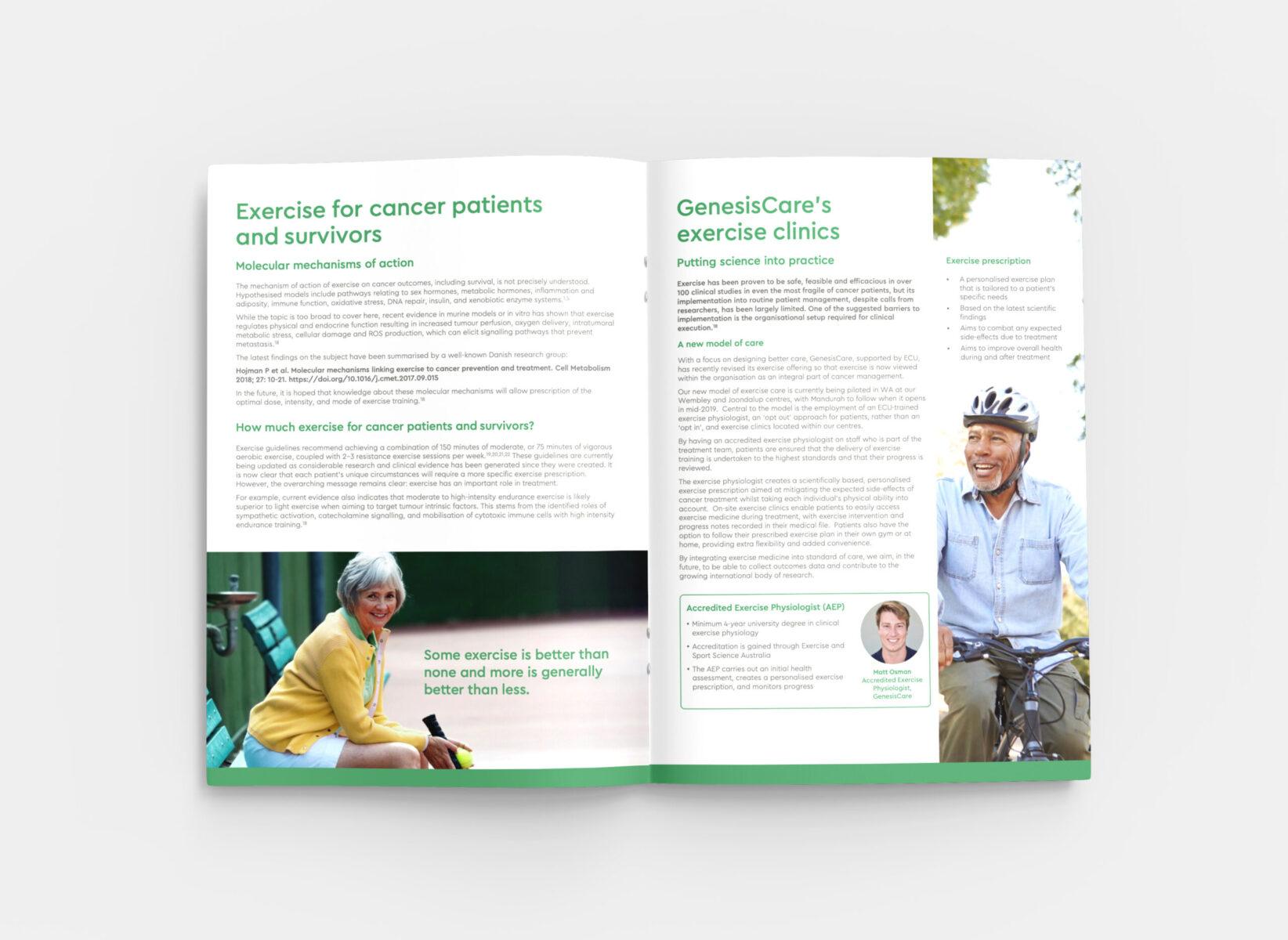 An open magazine spread design for Genesis Care, showing an article on 'Exercise for cancer patients and survivors'.