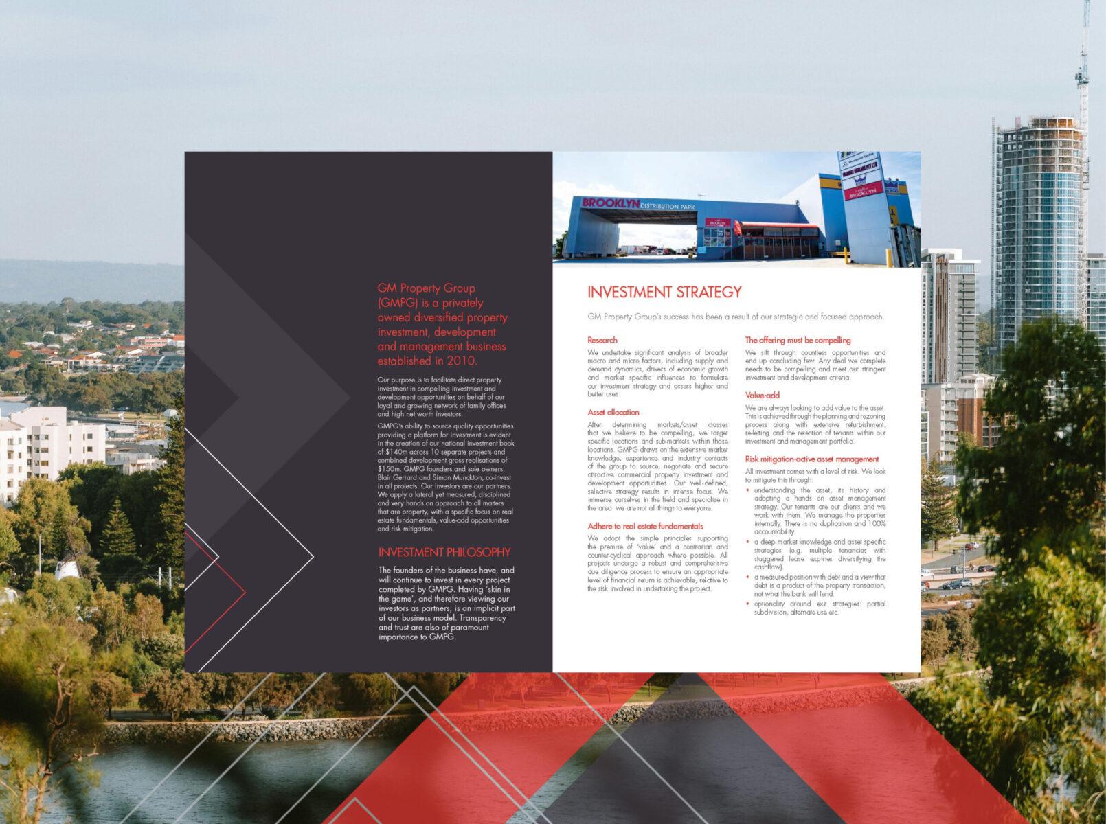 A magazine spread with a professional article layout for the GM Property Group's Investment Strategy.