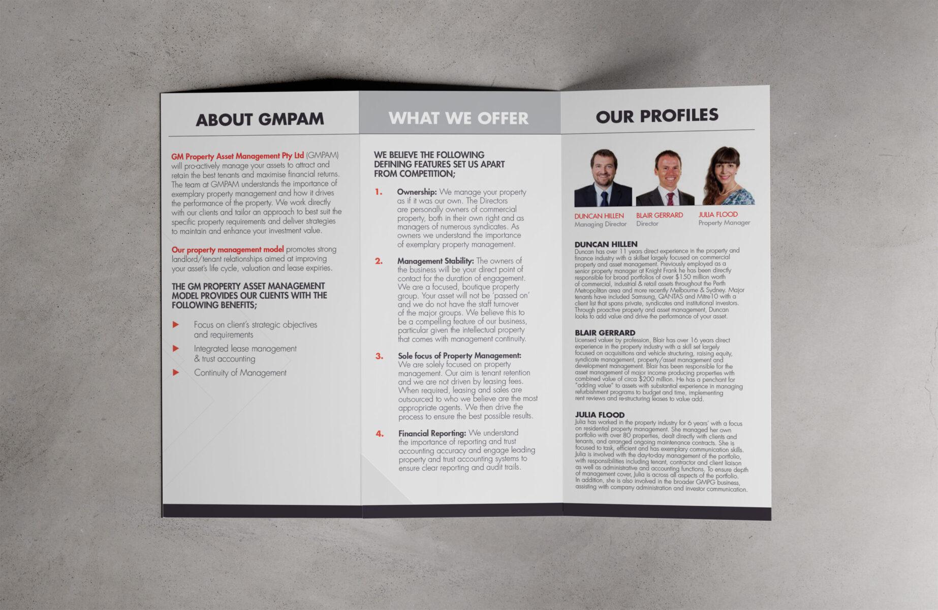 A tri-fold brochure design for GM Property Group, showing who they are and what they offer.