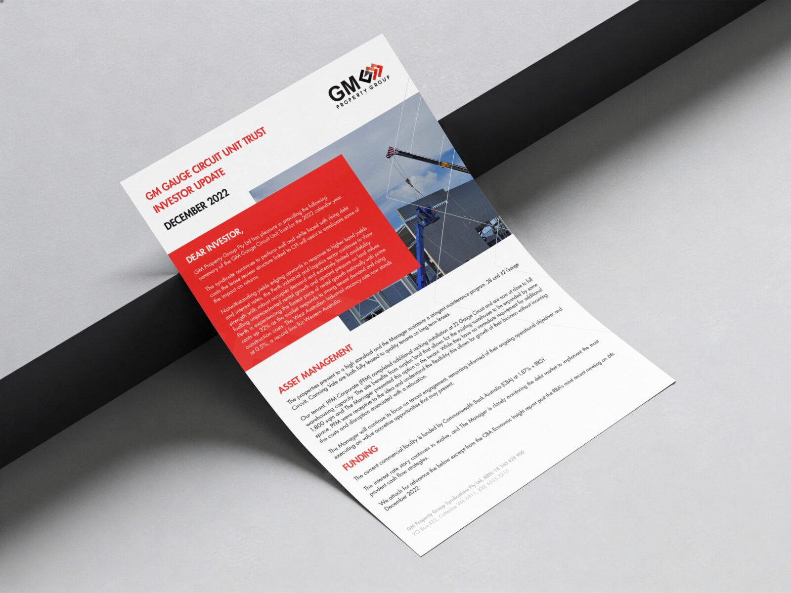 A professionally designed document titled 'Investor Update' created for GM Property Group.