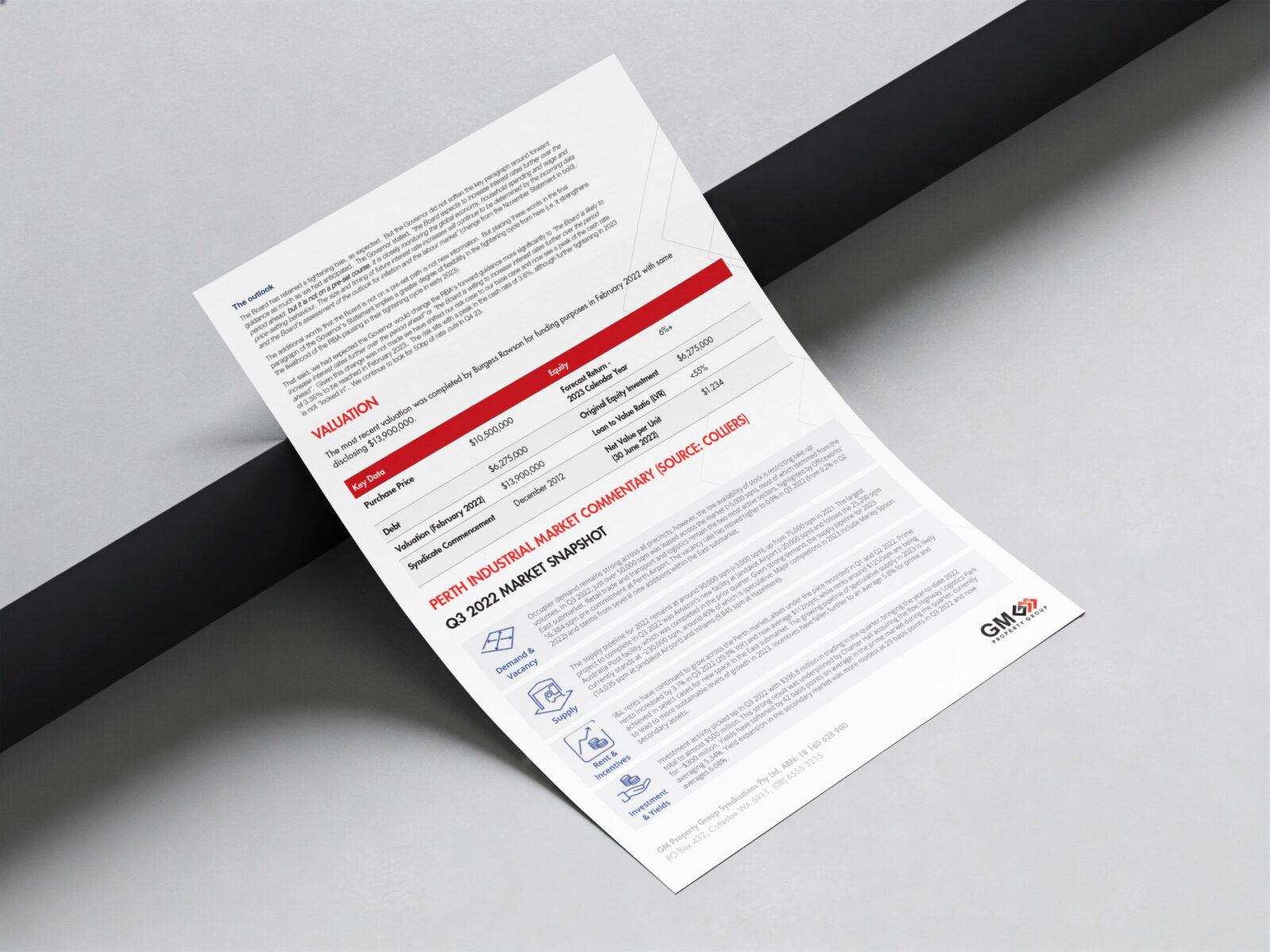 A professionally designed document flyer created for GM Property Group.