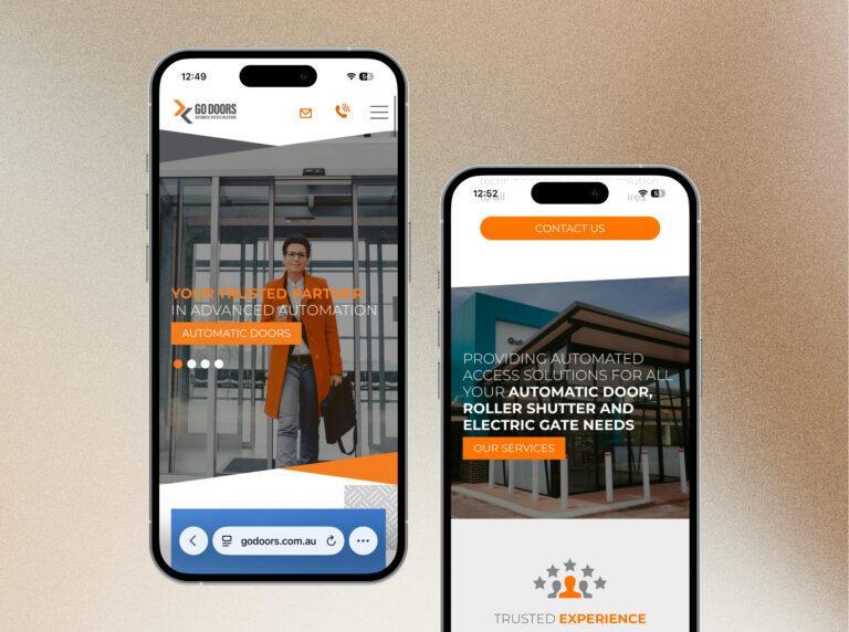 Two mobile phones screens side by side, showing example website pages from the Go Doors website design.