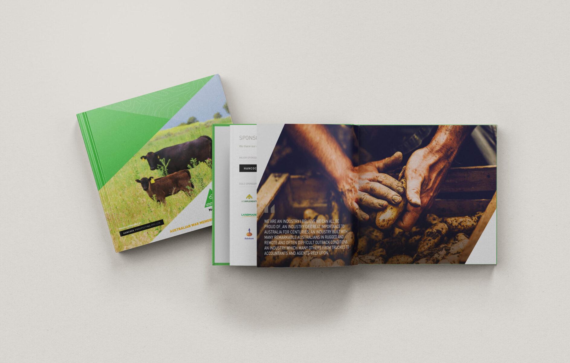 Two hardcover Hancock Prospecting booklets, with one open to a spread and one closed showing the cover design.