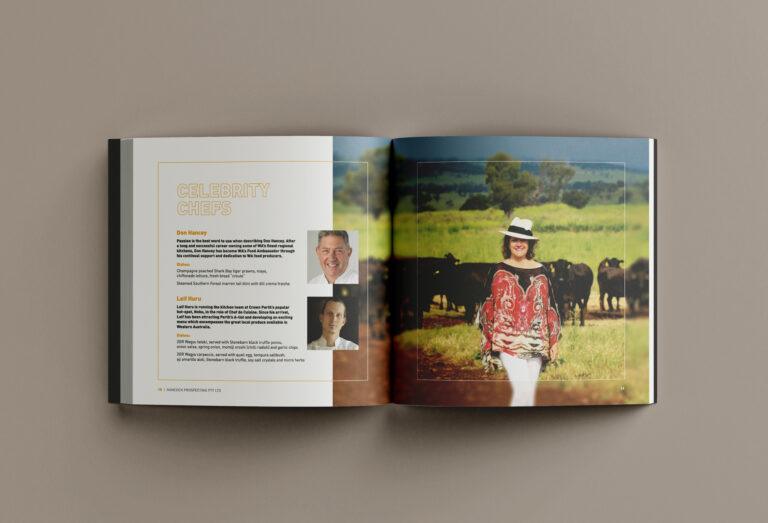 An open booklet showing a magazine spread design for Hancock Prospecting.
