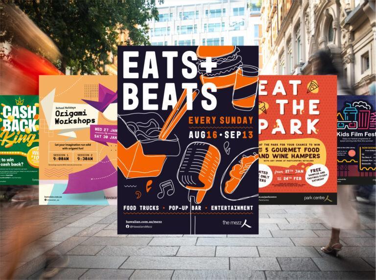 Various poster design examples for Hawaiian Shopping Centres.