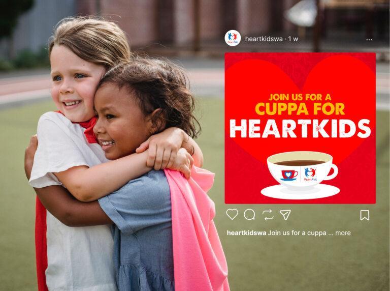 A HeartKids WA social media post on the right side, in front of an image with two children with capes hugging on the left.