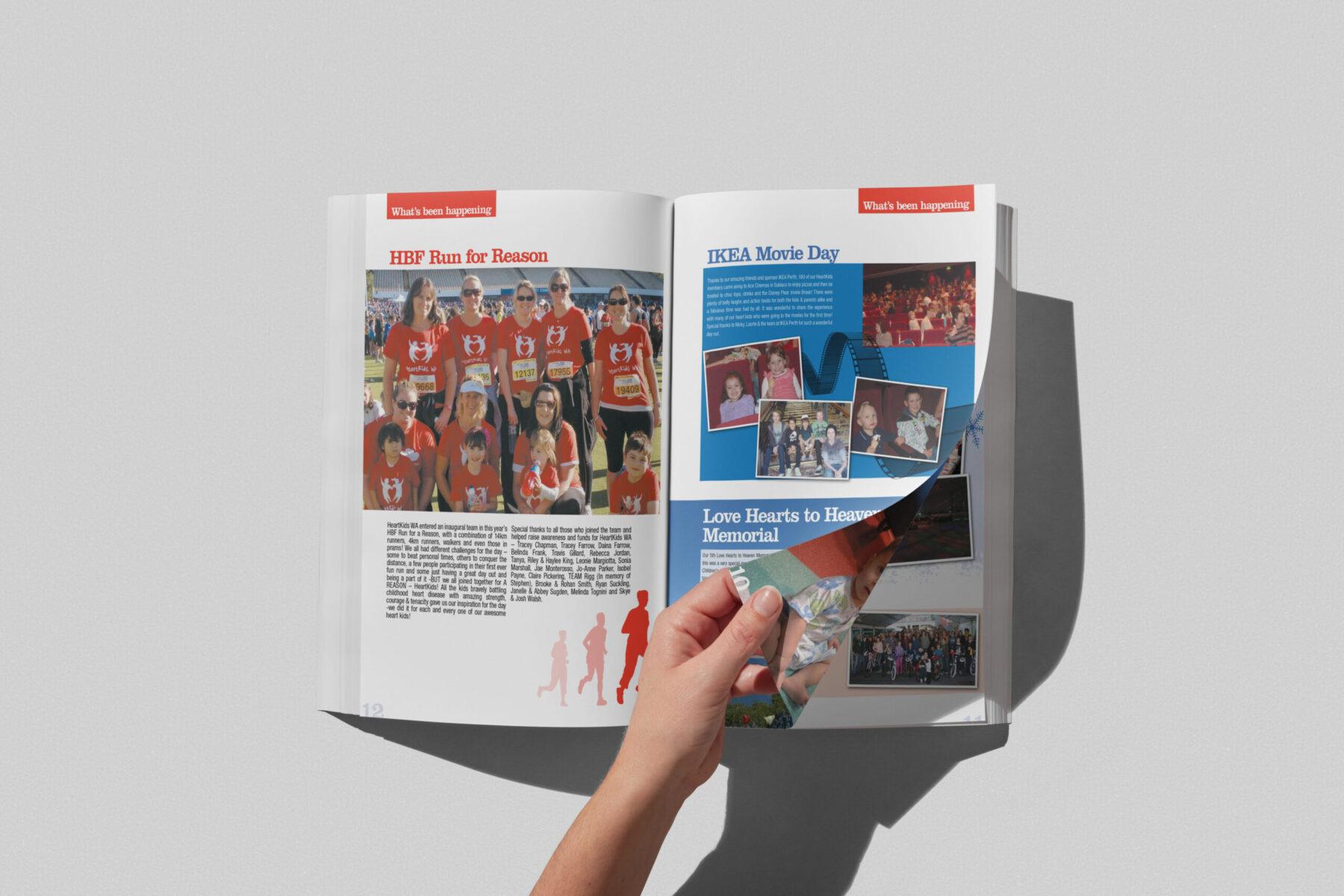 A hand flips through a Heartkids WA newsletter magazine. The spread is professionally designed, with the article headings reading 'HBF Run for Reason' and 'IKEA Movie Day'.
