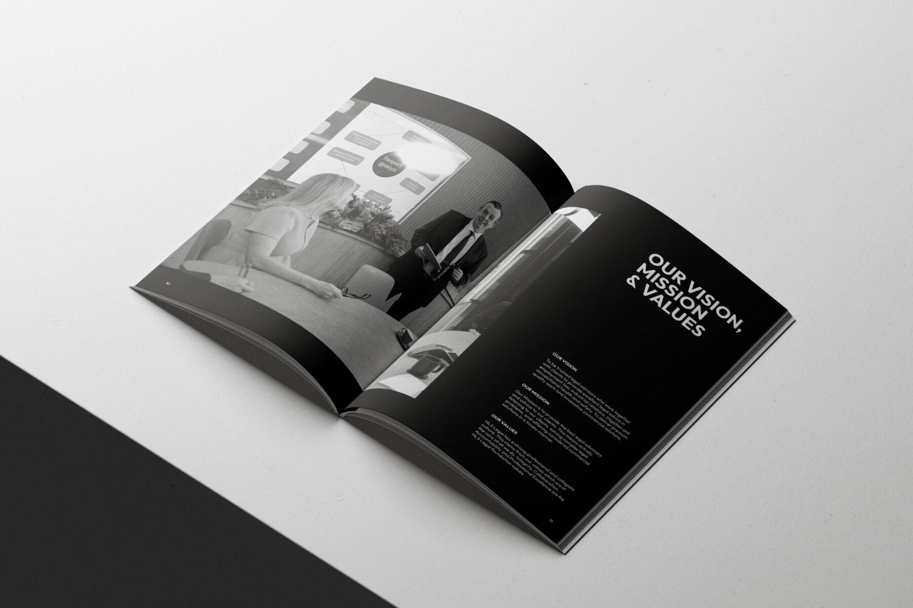 A open brochure document for HLS Legal, showing a spread for the company mission, goals and values.