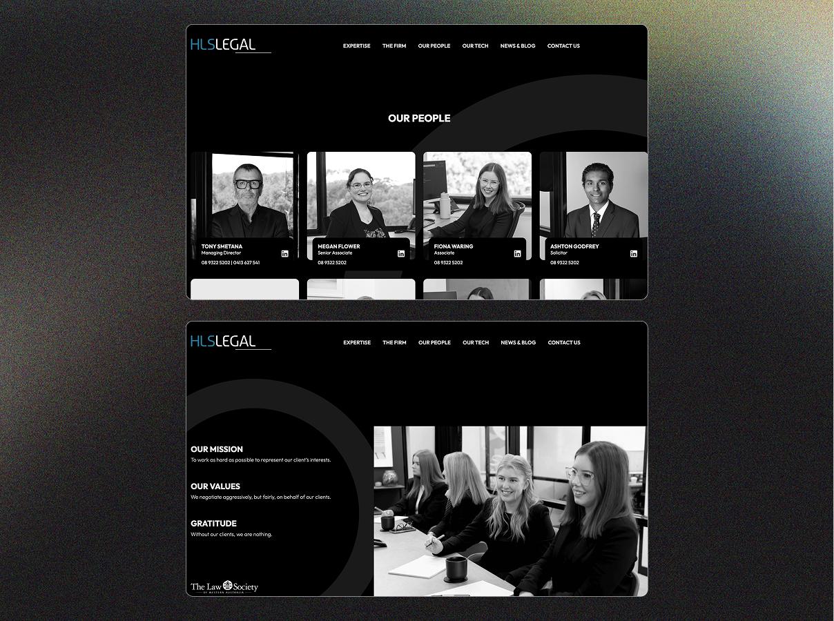 Two desktop screen on top of each other, showing two pages from the HLS Legal website design.