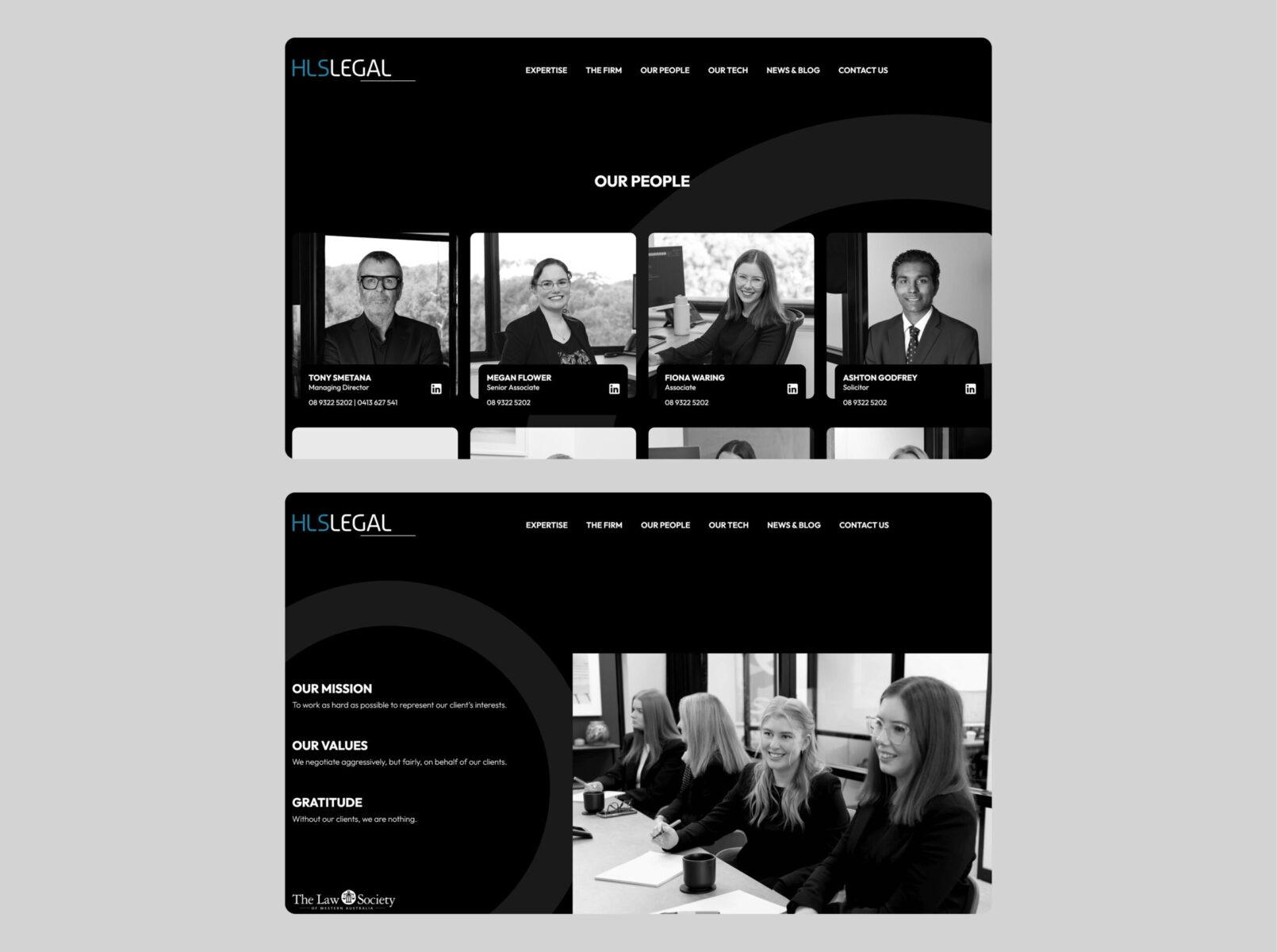 Two desktop screen on top of each other, showing two pages from the HLS Legal website design.