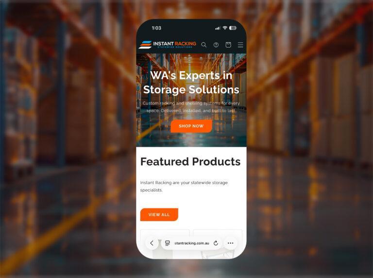 Mobile home page design for the Instant Racking Shopify website