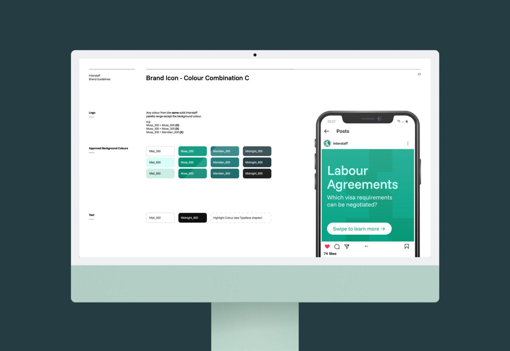 Logo, colour and text guidelines for the new Interstaff migration agency brand, with a mobile phone on the right showing an example Instagram post screenshot.