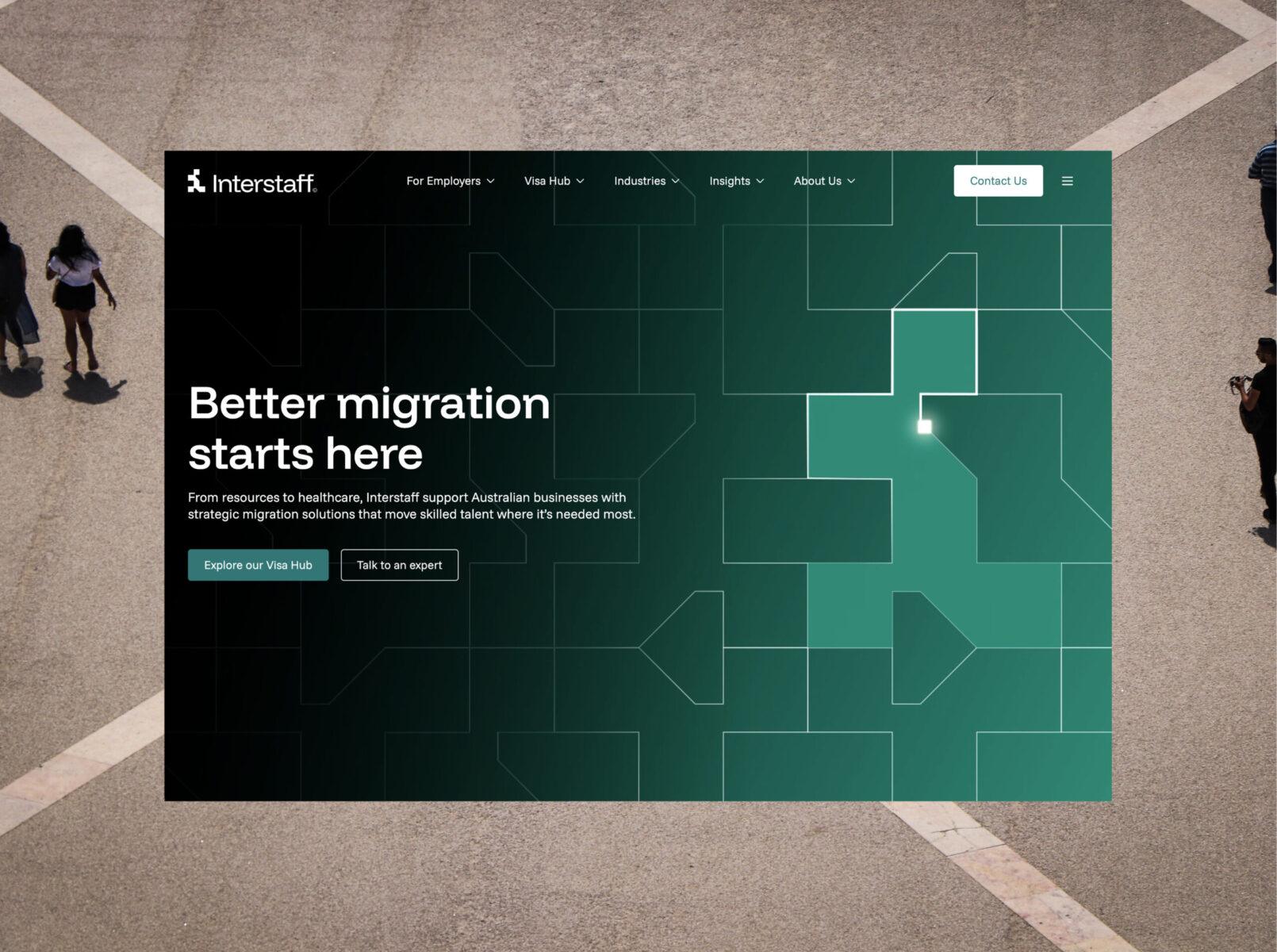 Desktop screen with home page design for the Interstaff website.