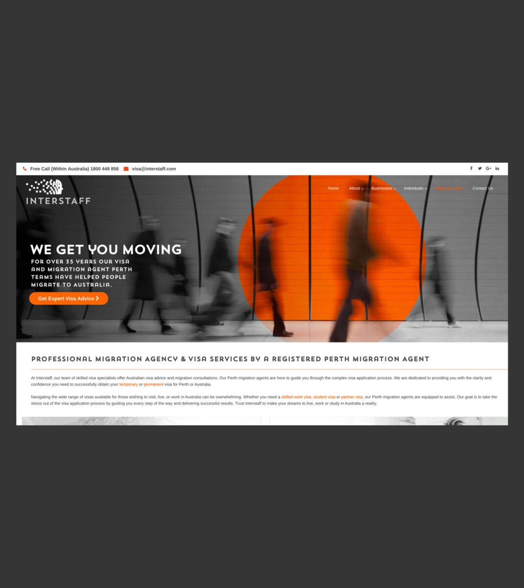Former home page design for the Interstaff migration agency website.