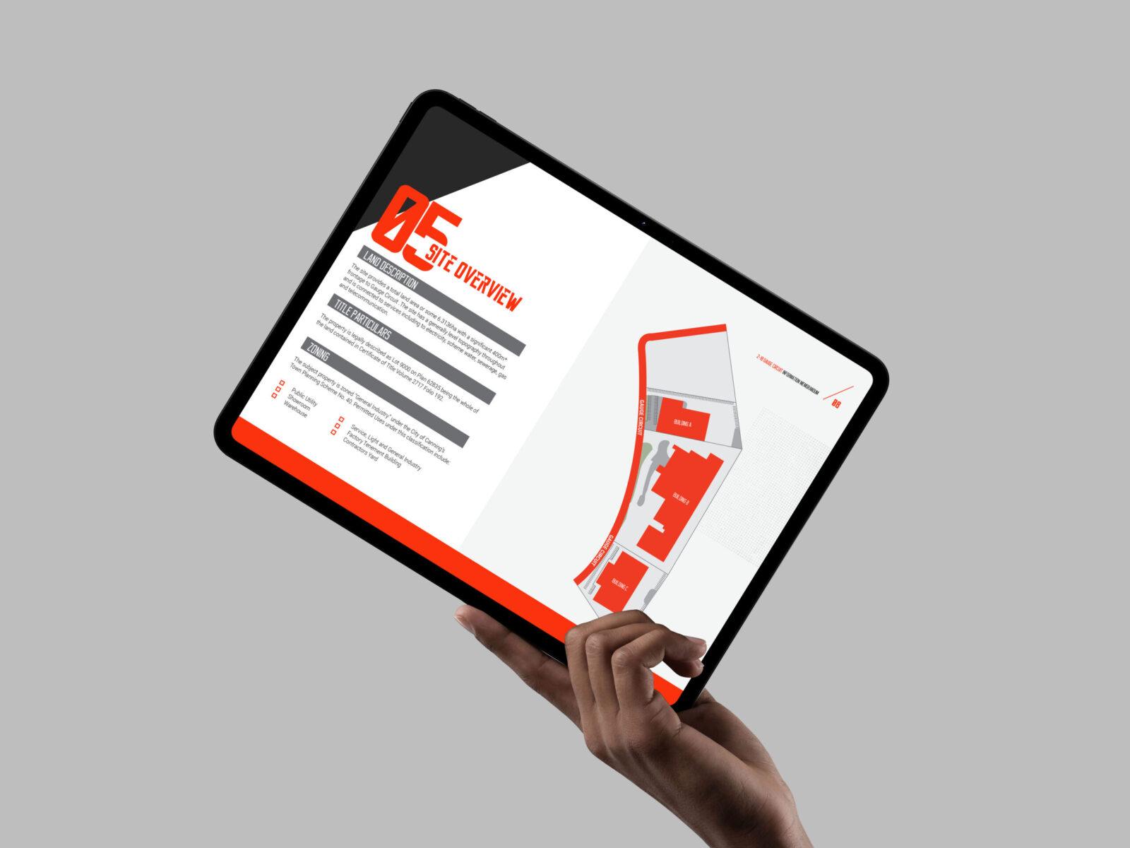 A hand holding an iPad, with a graphic of a map and site overview.