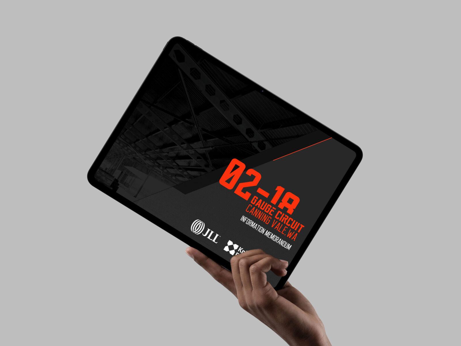 A hand holding an iPad, with a branded presentation slide design.