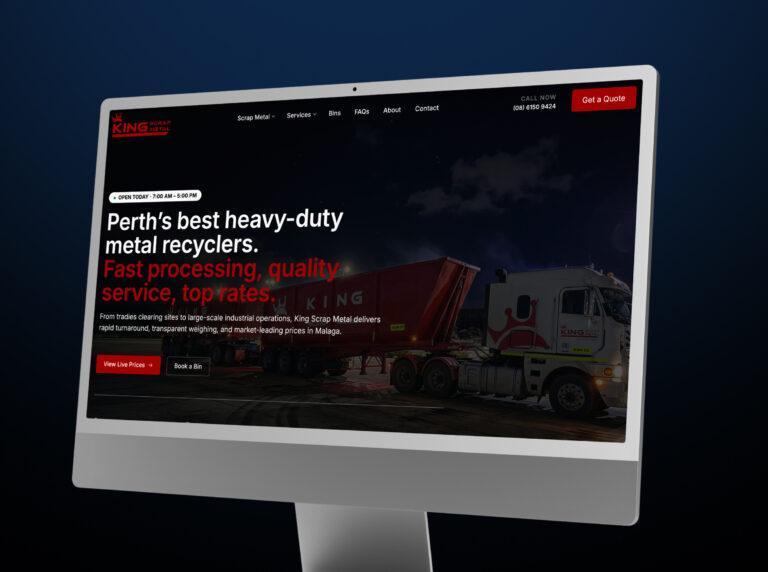 Desktop monitor with screen showing the home page design of the King Scrap Metal website.