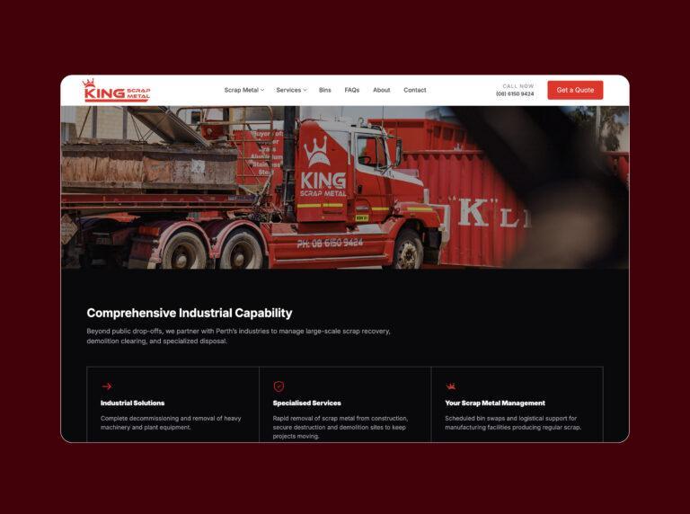Mockup that showcases King Scrap Metal's website design. Webpage shown is King Scrap Metal's Comprehensive Industrial Capability section.