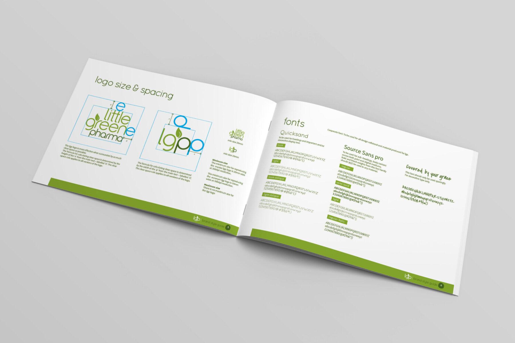 An open booklet, open to a spread in the Little Green Pharma's brand guidelines. Pages show their logo and fonts.