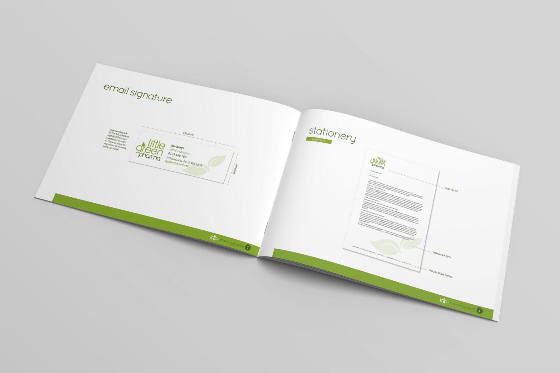 An open booklet, open to a spread in the Little Green Pharma's brand guidelines. Pages show their branding applications on an email signature and stationary.