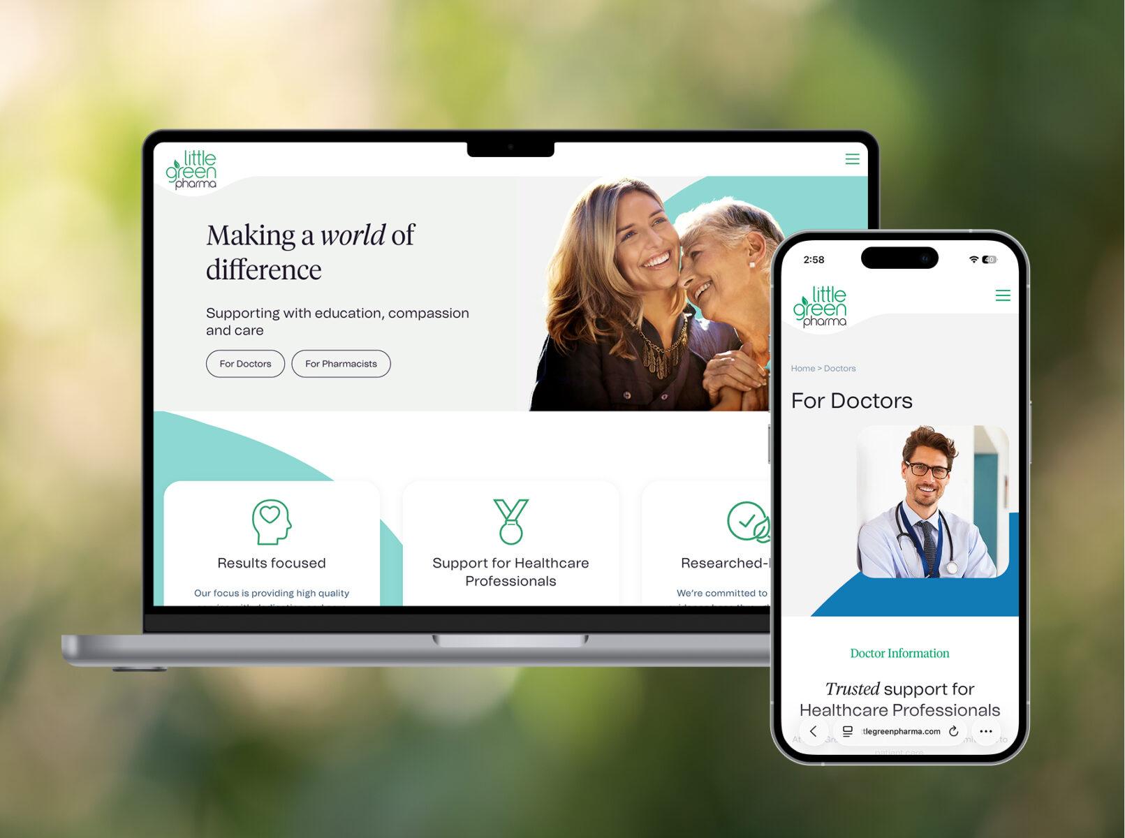 A desktop and mobile screen side by side, showing the home page and doctor information page designs from the Little Green Pharma website.