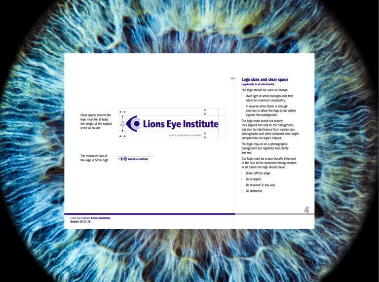 An example page from the Lions Eye Institute Brand Guidelines, showing the appropriate logo spacing.