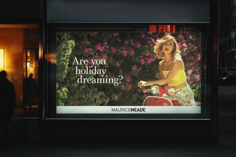Maurice Meade digital advertising display featuring their logo and photography of a woman on a scooter surrounded by flowers.