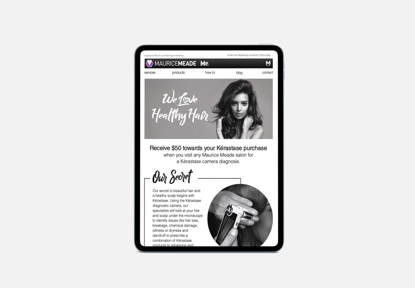 A tablet featuring Electronic Direct Mail digital campaign for Maurice Meade.