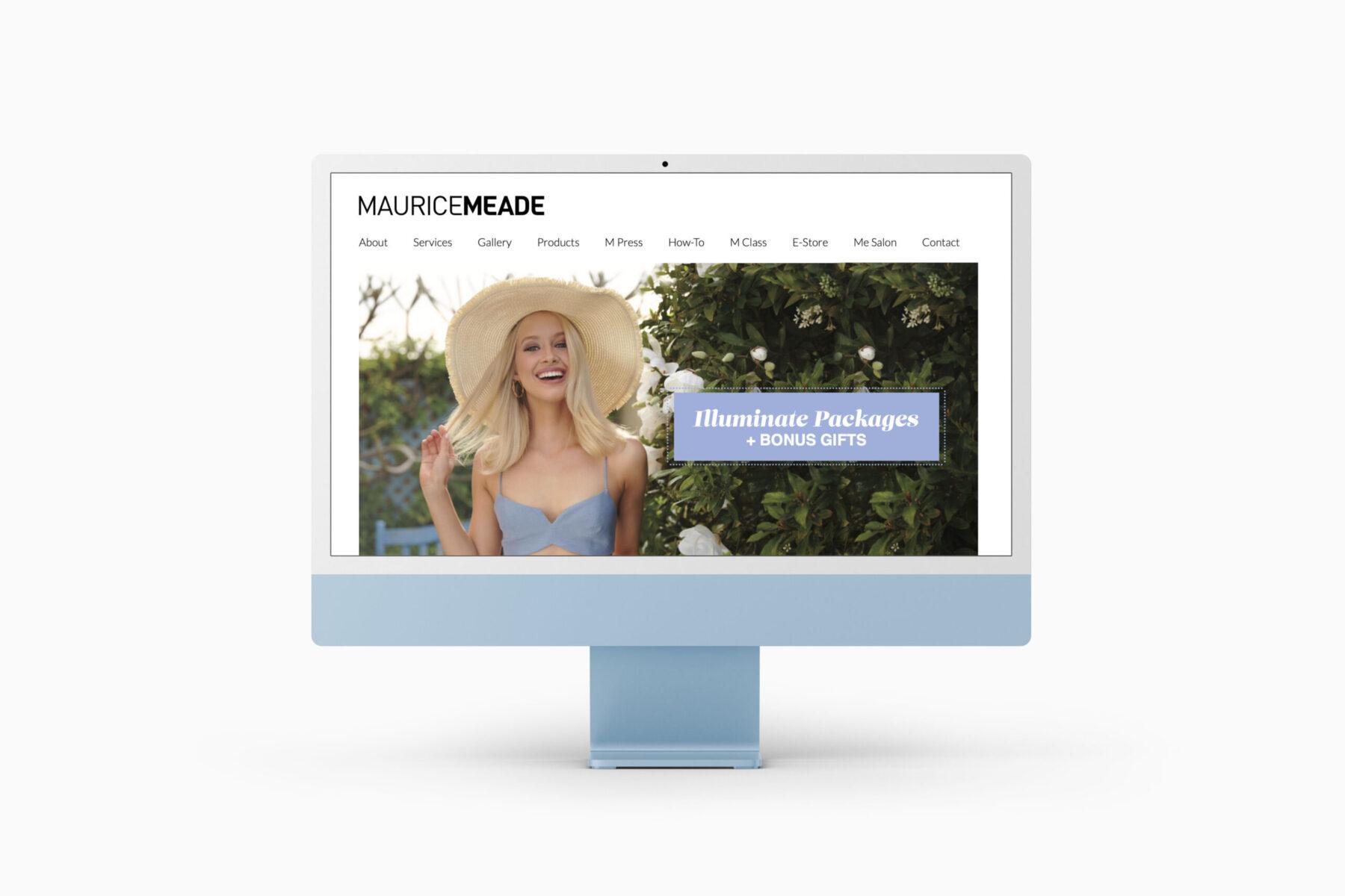 A desktop monitor featuring a mockup website design for Maurice Meade.