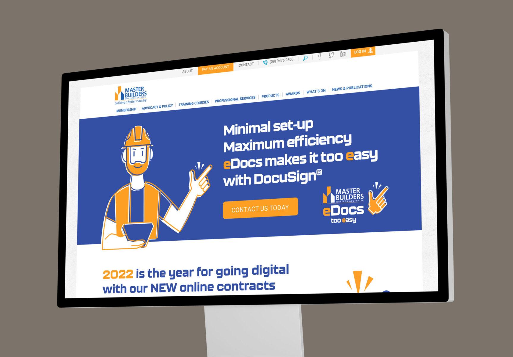 Desktop monitor with the MBA WA Edocs promotion web page design.