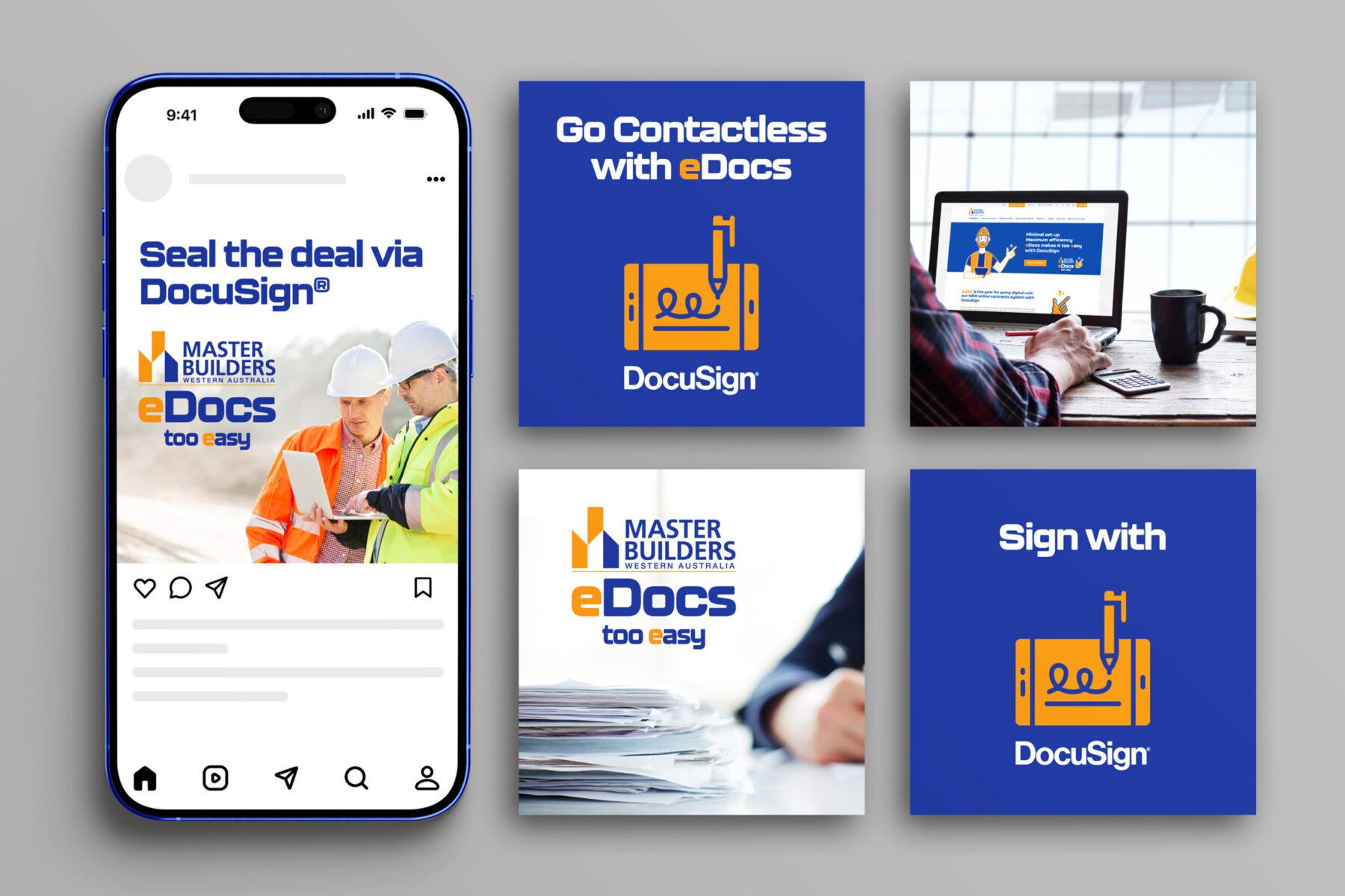 A mobile phone showing a social media post for MBA WA eDocs, with four floating post designs to the side of it.