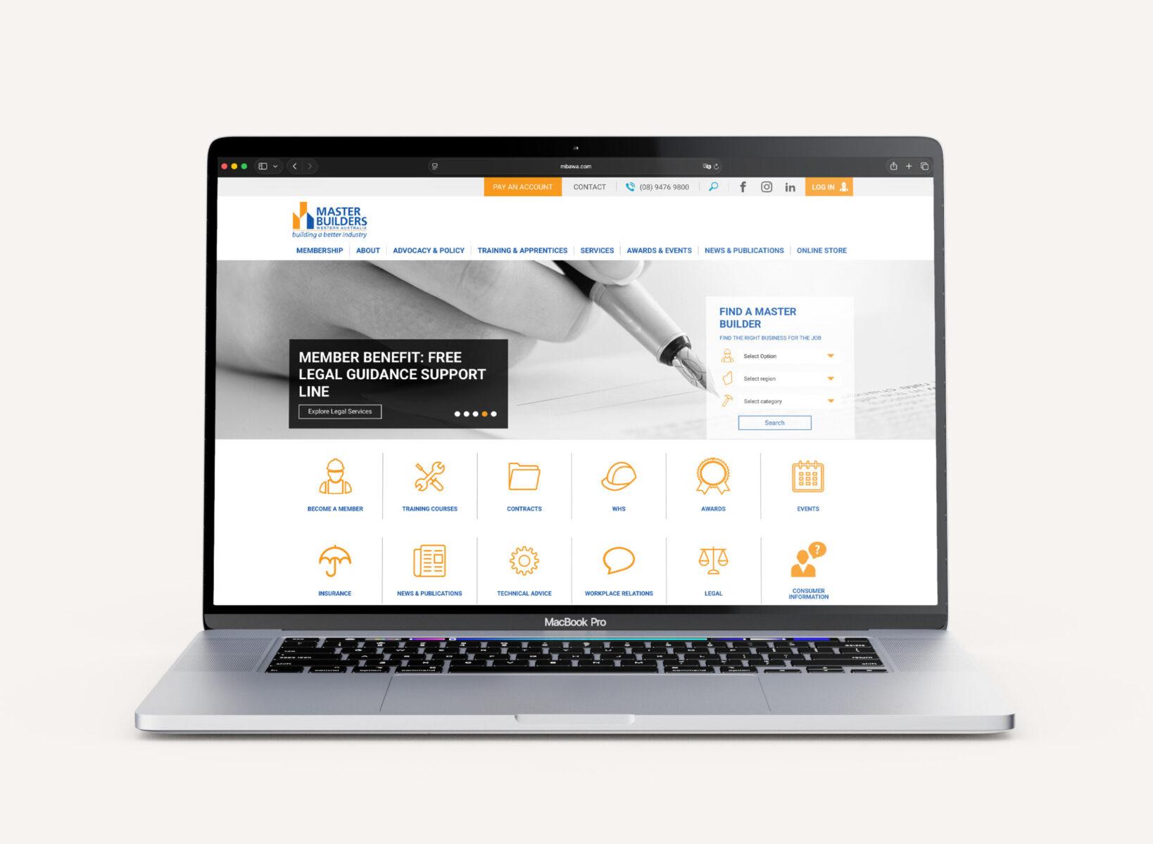 Laptop screenshot of the home page web design for Master Builders WA.